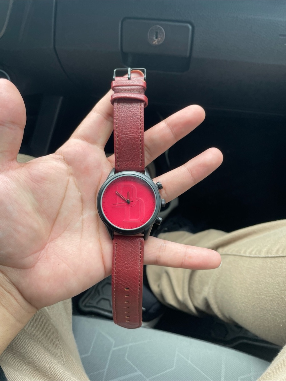 Red Dial Leather Strap Watch